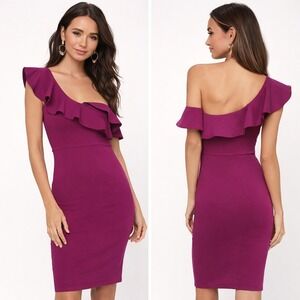 Lulus Womens One Shoulder Ruffle Bodycon Dress Size S Purple Event Cocktail
